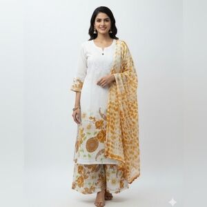 New Salwar Kameez White and brown 3 pc Women's Kurta + pant+ dupatta Set Sz S